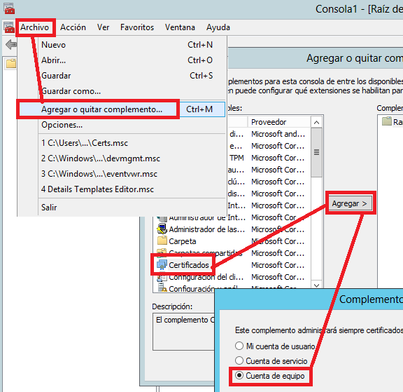 Proceso de exportación del cert desde la MMC