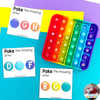 Pop It letter activities like these make practicing letter identification and sounds feel more like a game than learning.