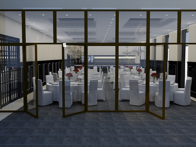 Vista de Entrada y Salida a Comedor de Hotel 3D