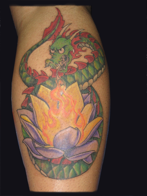 Green Dragon Tattoo And Lotus Flower Tattoo Designs Both Is Japanese