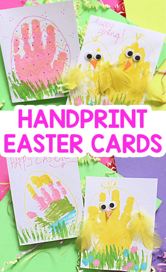 SPRING CHICK AND EASTER EGG HANDPRINT EASTER CARDS