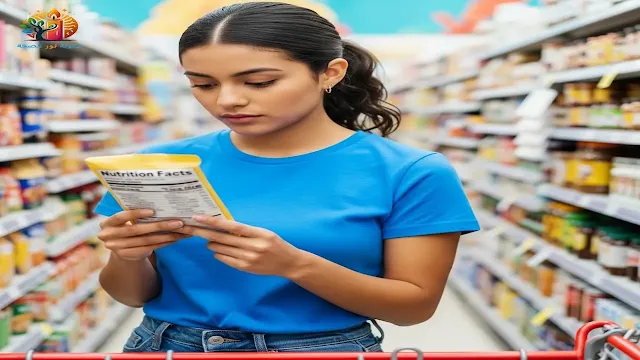 شخص يقرأ بتركيز ملصقًا غذائيًا على منتج في متجر البقالة، يوضح كيفية قراءة الملصقات الغذائية