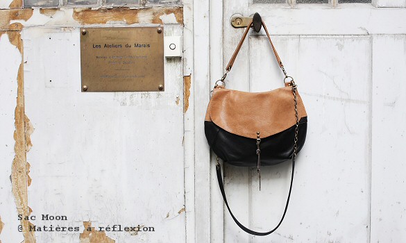 Sac Moon en cuir noir et caramel Matières à réflexion