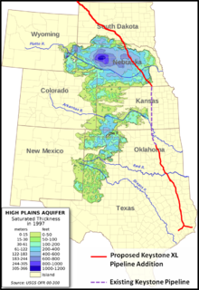 An old map on Wikipedia shows aquifer thickness of the Ogallala Aquifer with the then- proposed Keystone XL pipeline route laid over.