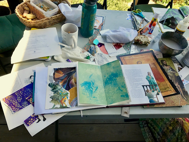 Messy workspace, making altered books