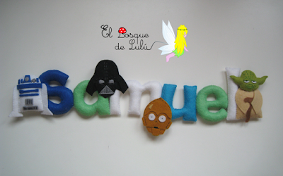 nombre-fieltro-Star-Wars-Samuel-elbosquedelulu-hechoamanoparati-regalo-personalizado-decoración-infantil-Yoda-C3PO-felt-name-banner-R2D2