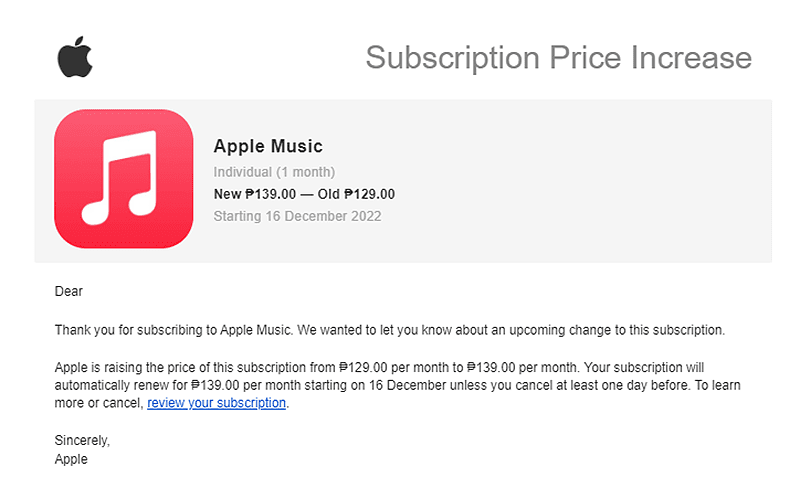 Apple Music users should receive an email like this