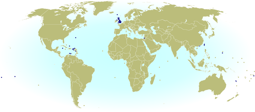 World map marking dependent territories, partially recognized sovereign states, and subnational entities that have national football (soccer) teams recognized by FIFA, making them eligible for the World Cup.