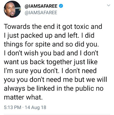 Safaree Samuels took to twitter to accuse US rapper, Nicki Minaj, of domestic violence during there time together, claiming he almost bled to death and had to lie to the police claiming it was a suicide attempt that left him injured to protect Nicki.   The Grammy award nominee fired back claiming the former stole her credit card and taking money from her account.