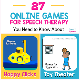 Teletherapy speech therapy activities like these 27 open-ended online games make planning easy! Find easy games for toddlers like Colorful Ships and great games for bigger kids like Frost Bite and Basketball. #speechsprouts #speechtherapygames  #speechtherapy #teletherapy