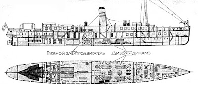 Продольный разрез корпуса и план палубы электрохода «Талисман».