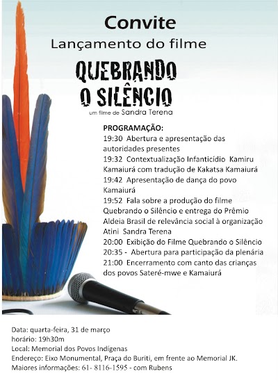 Hoje tem lançamento do documentário “Quebrando o Silêncio”, de Sandra Terena, em Brasília