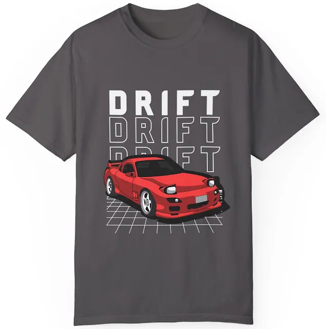 Comfort Colors Car T-Shirt With Red and Black Driver Illustrative and Drift Text Printed Thrice in The Background