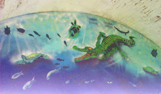 Alligator and Turtle murals on the Fossil Art Trail at The Reptilarium at Fort Victoria