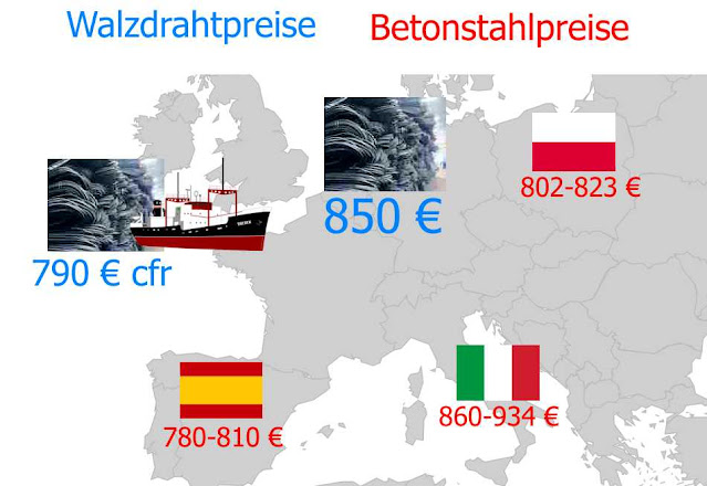 Stahlpreise Walzdraht und Betonstahl Europakarte