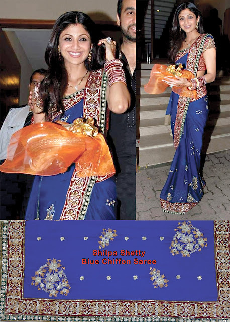 Shilpa Shetty In Blue Designer Chiffon Sari