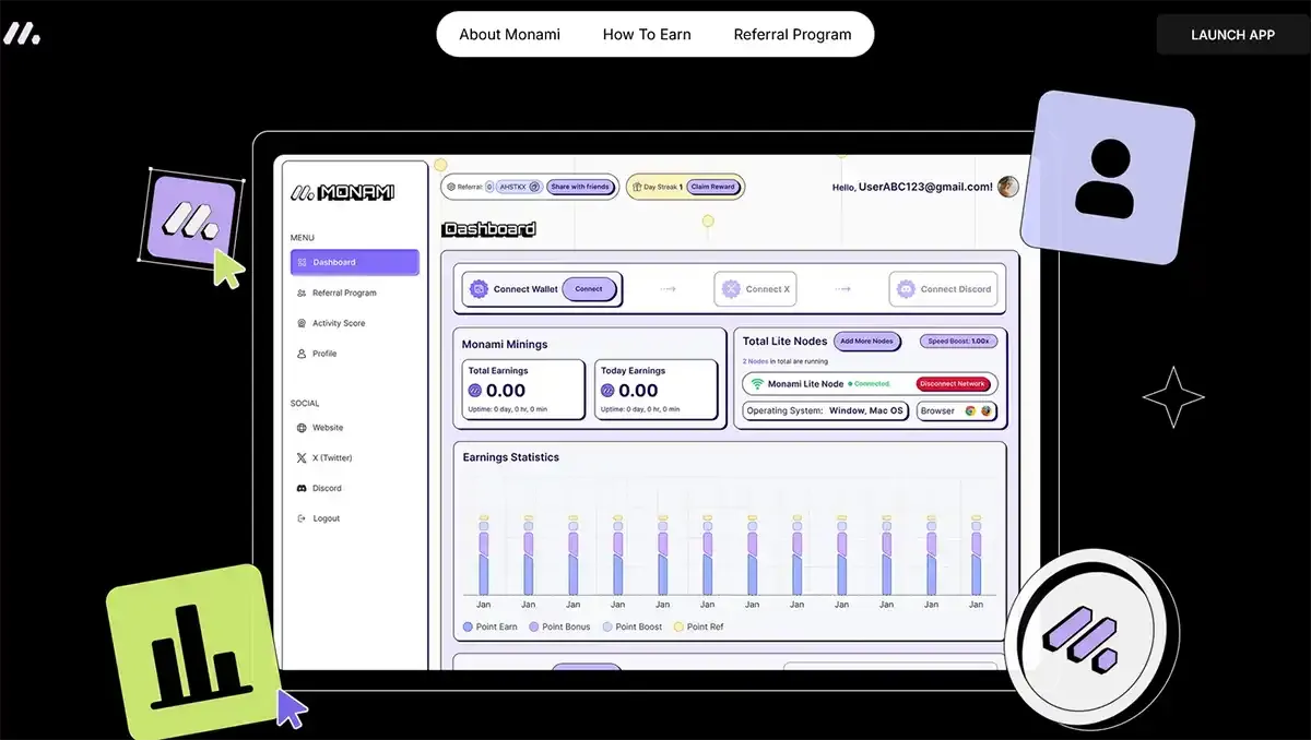 Monami dashboard interface showing bandwidth mining status and token earnings overview