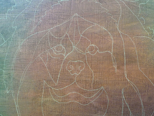 Yellow Saral Transfer paper of BEAR onto oil canvas.