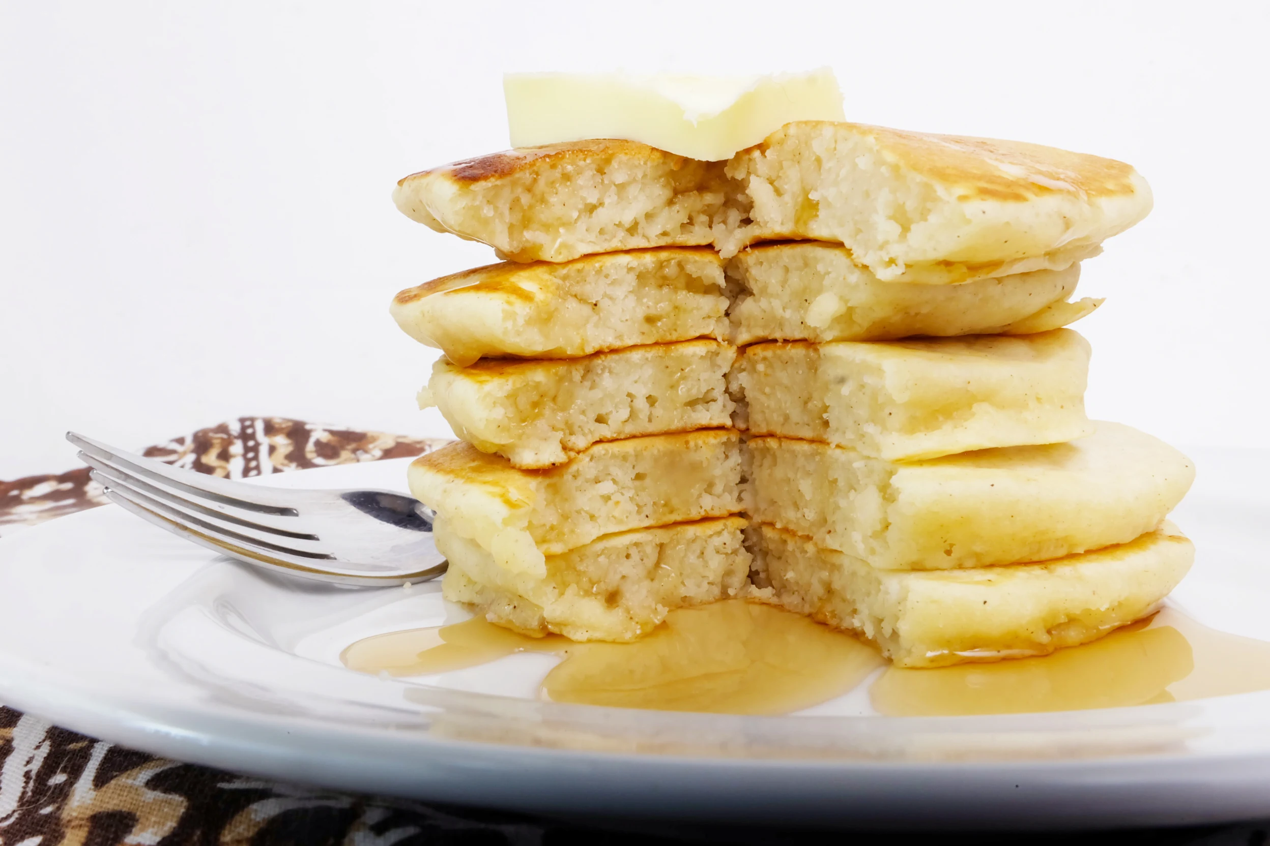 pancakes with syrup and butter stacked on plate