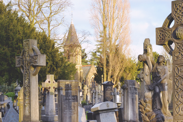 Headstones at sunset