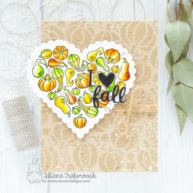 I Heart Fall Thank Card by Tatiana Trafimovich | Heartfelt Gourds Stamp Set, Heart Frames Die Set, Fall Friends Die Set and Pumpkin Patch Stencil by Newton's Nook Designs #newtonsnook