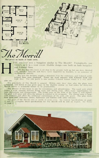 color drawing image from 1918 catalog, of Aladdin homes Merrill model