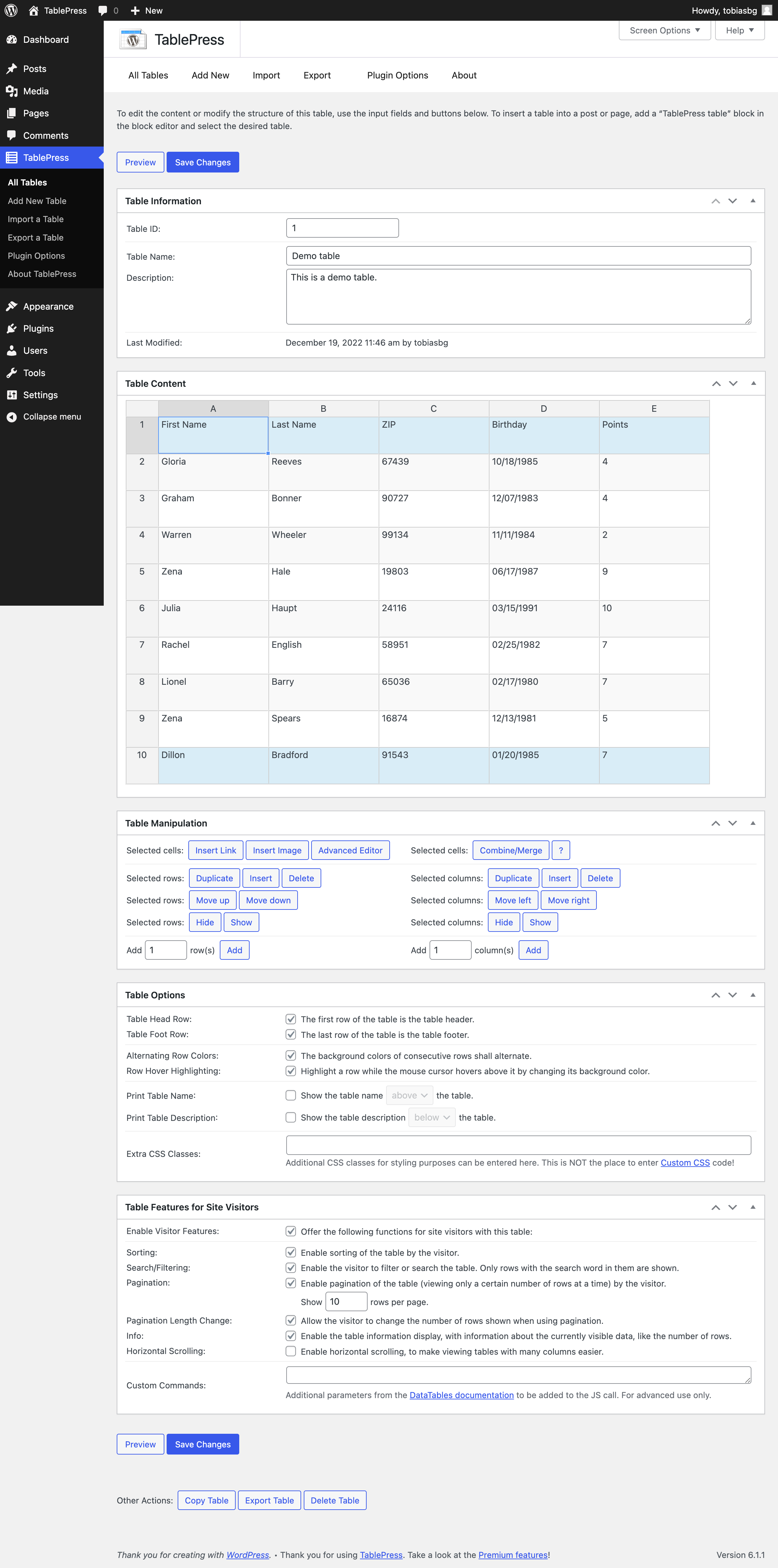 Add TablePress to create tables