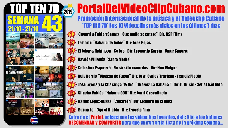 Artistas ganadores del * TOP TEN 7D * con los 10 Videoclips más vistos en la semana 43 (21/10 a 27/10 de 2019) en el Portal Del Vídeo Clip Cubano