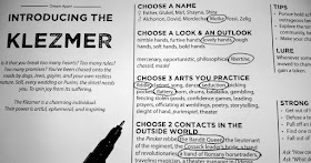 A sheet of paper labeled "Introducing the Klezmer" with various lists of options for players to choose from, some already circled.