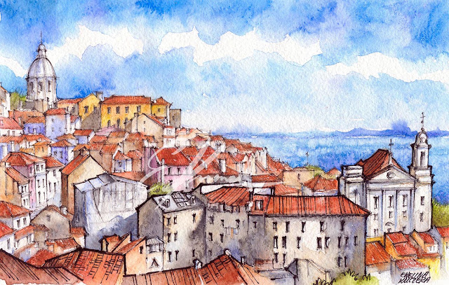 Watercolor showing a panorama of Lisbon, Portugal