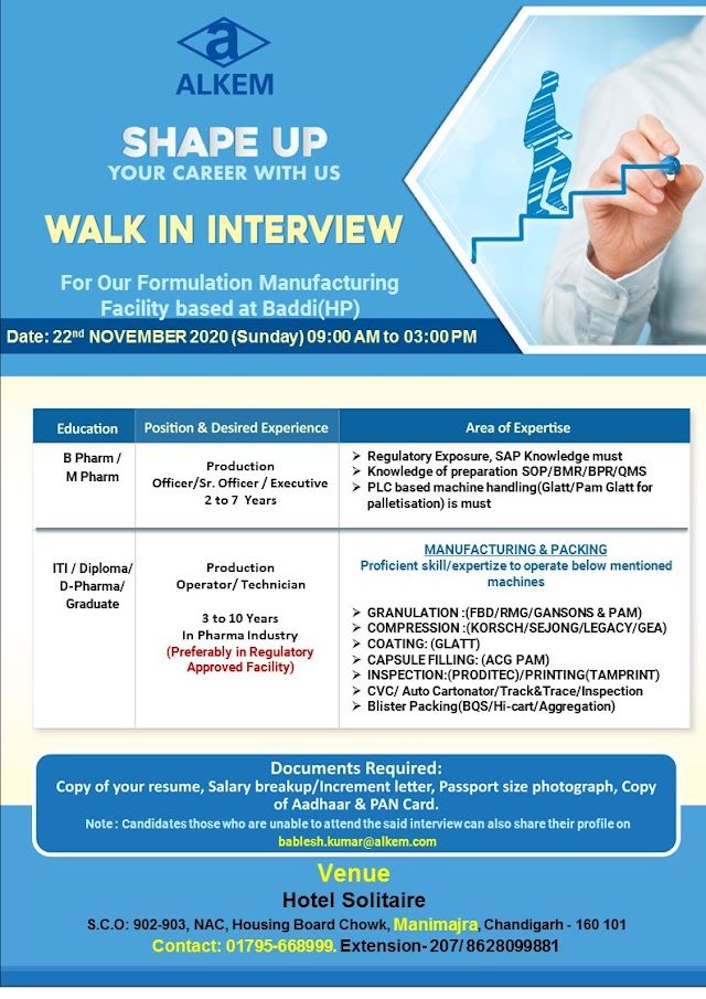 Alkem Labs | Walk-in interview for Production on 22 Nov 2020