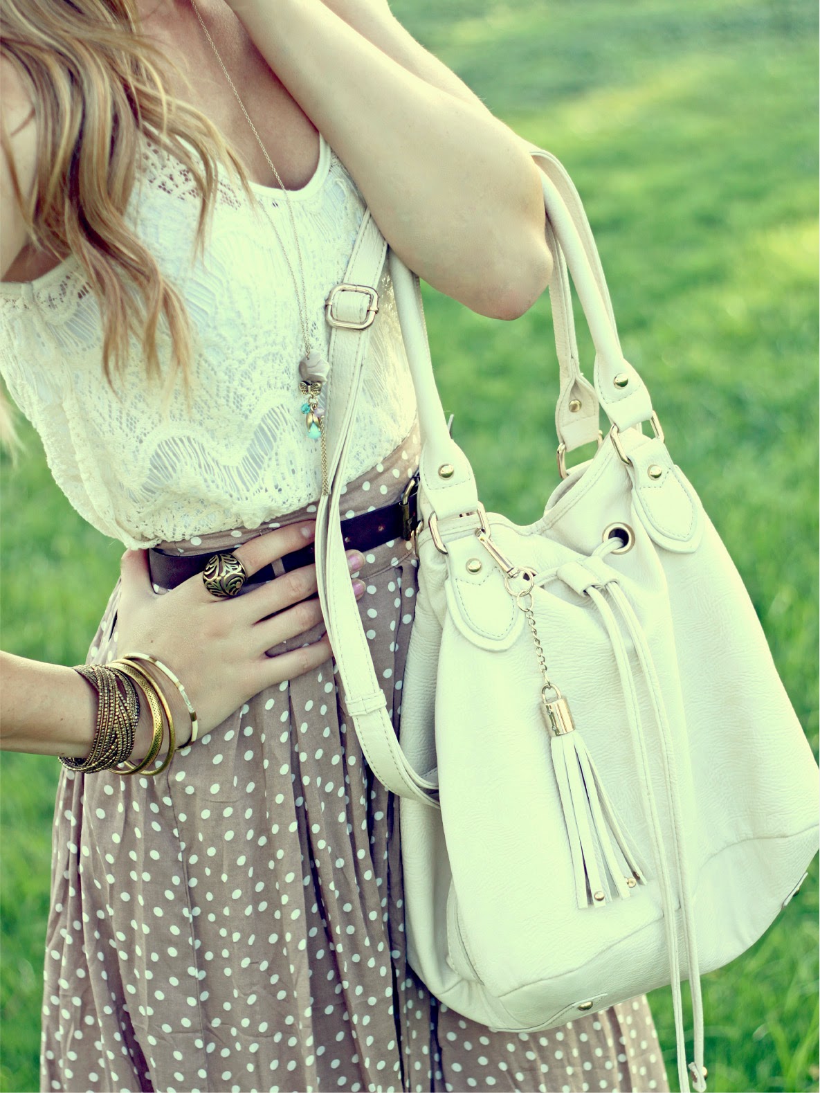 Doted Skirt With White Handbag And Top