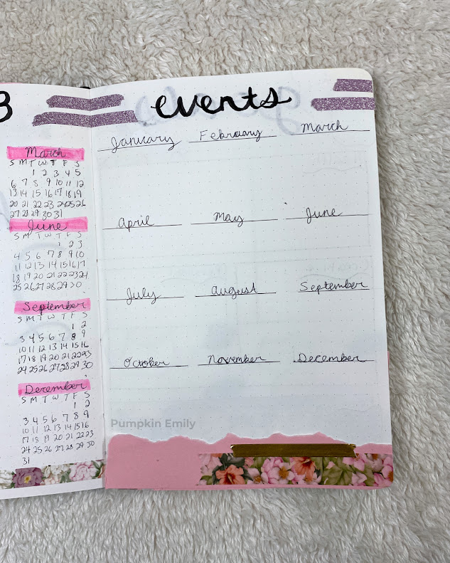 An events page for a bullet journal.