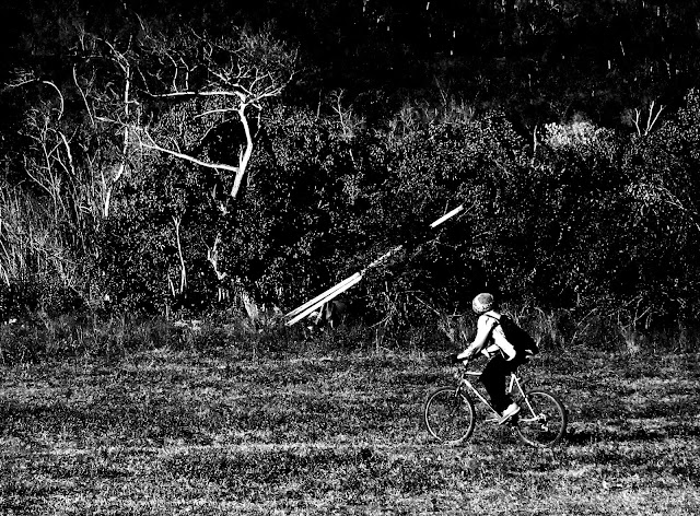 A Jamaican man riding a bicycle near Little Bay, Jamaica.