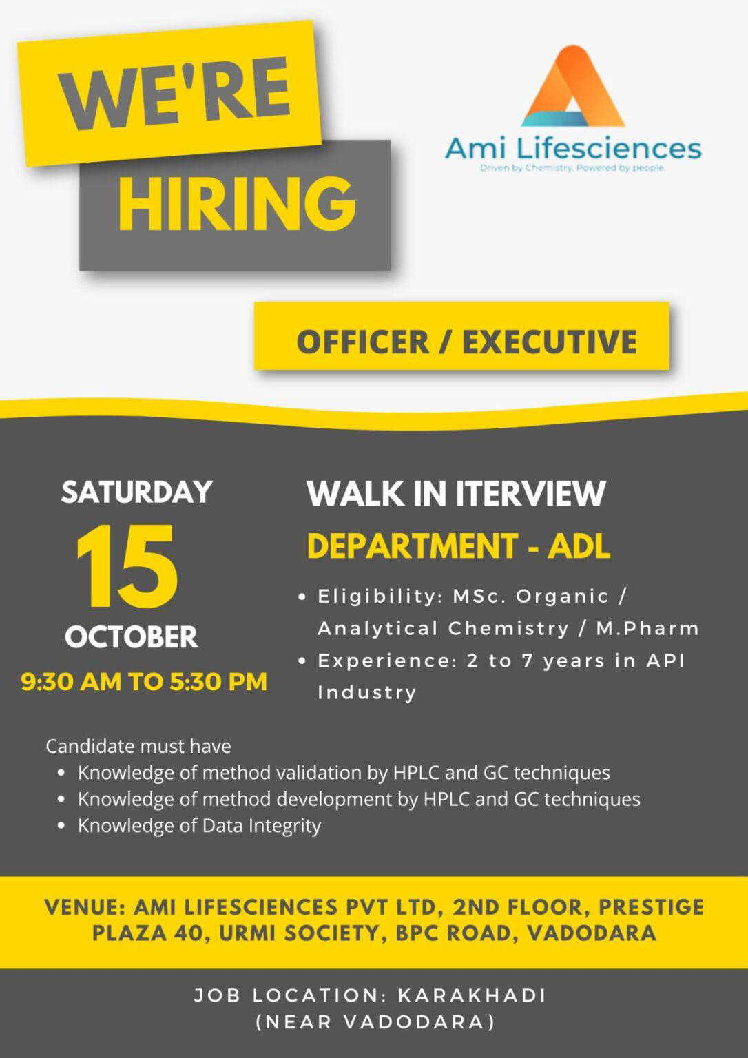 Job Available's for Ami Lifesciences Walk-In Interview for MSc Organic/ Analytical Chemistry/ M Pharm