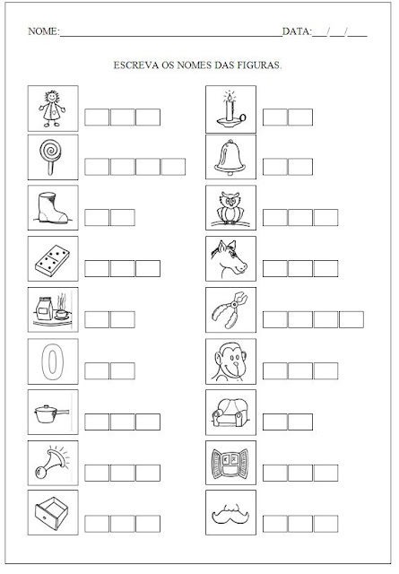 Segue algumas atividades para alfabetizar. São atividades para escrever os nomes das palavras e formar palavras a partir dos símbolos.