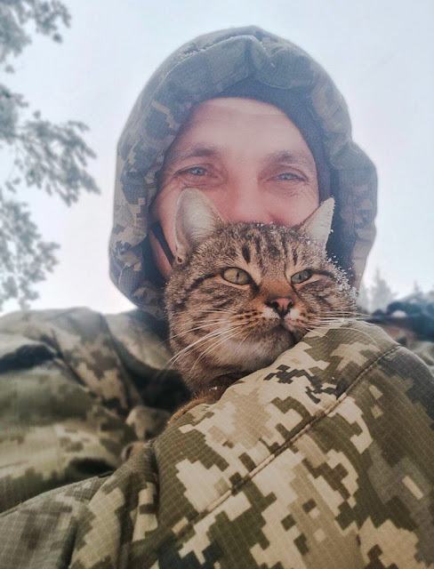 Ukraine soldier with tabby cat