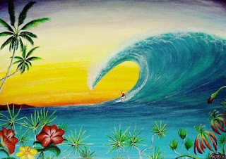 ビッグウェーブ（サーフィンの絵）［アクリル水彩画／2002年 Nobuyuki Oshima（大嶋信之）］