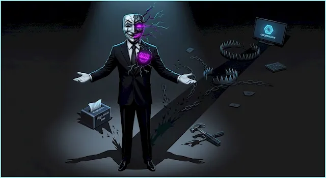 달콤한 미소를 띤 가면 뒤에 숨겨진 악의적 본성을 드러내는 프랜차이즈 사기꾼을 묘사한 이미지.