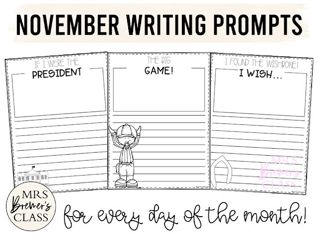 November writing prompt templates for daily journal writing or a writing center in Kindergarten First Grade Second Grade