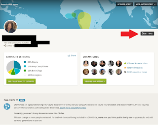 Login to dna.ancestry.com. Select the settings button on the right side of the page (see the red arrow above).