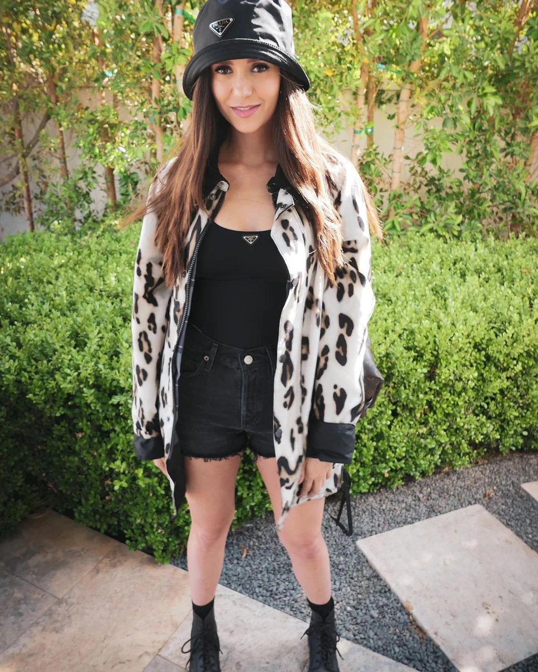 Nina Dobrev Rocks Leopard-Print Bomber Jacket and Combat Boots for Coachella 2023