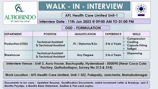 Aurobindo Pharma | Walk-in Interview for Production & Warehouse on 11th June 2023