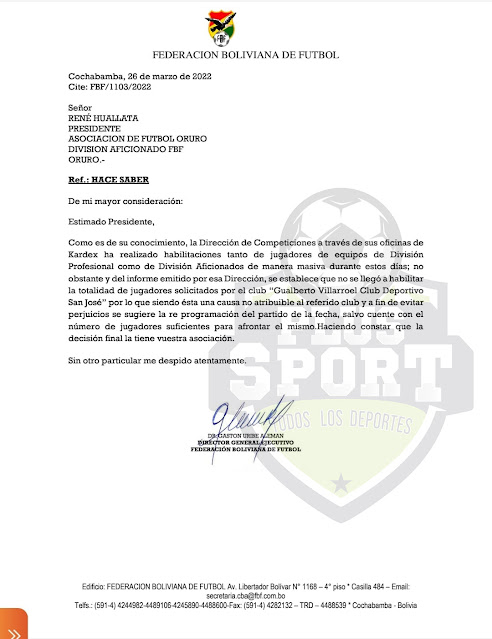 Carta de la FBF a la AFO habilitacion Jugadores