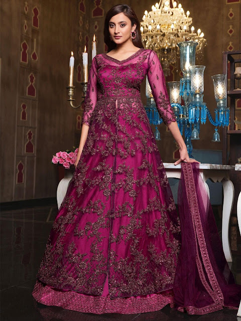 Purple Net Partywear Lehenga Style Suit