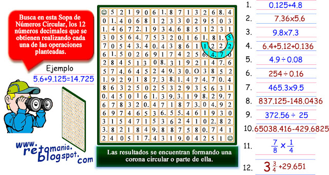 Sopa de números, Sopa de números circular, Busca los números, Números decimales, Retos matemáticos con decimales, Desafíos matemáticos, Desafíos matemáticos con decimales