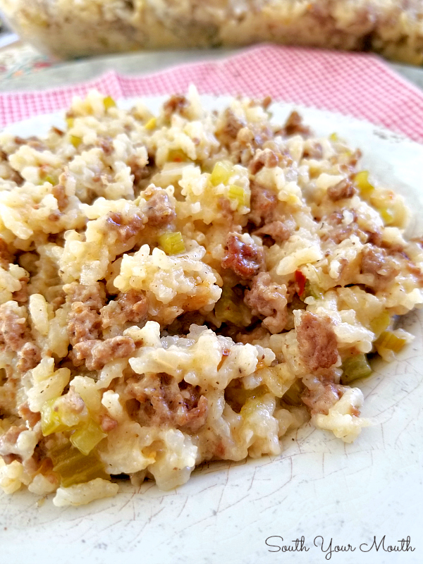 Jailhouse Rice (Sausage & Rice Casserole) - A family-size comfort food casserole recipe baked with rice, ground beef and sausage.