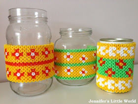 Hama bead covered jam jars for storage