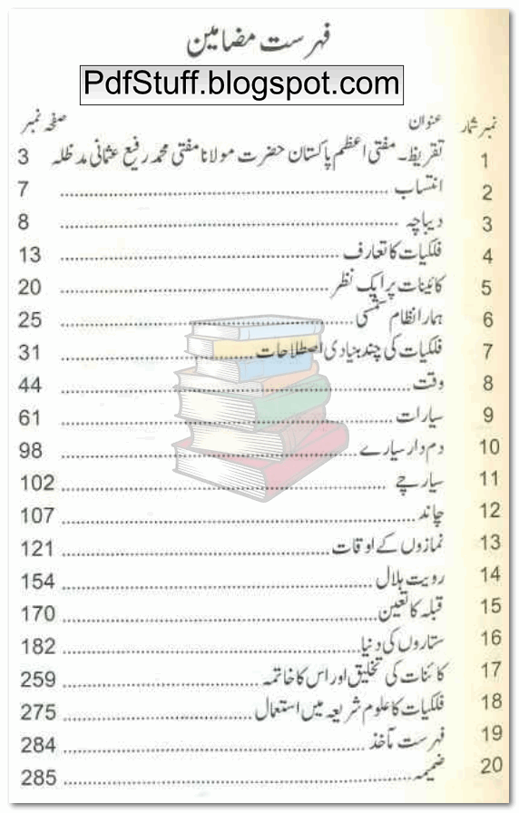 Contents of Urdu book Fehmul Falkiat