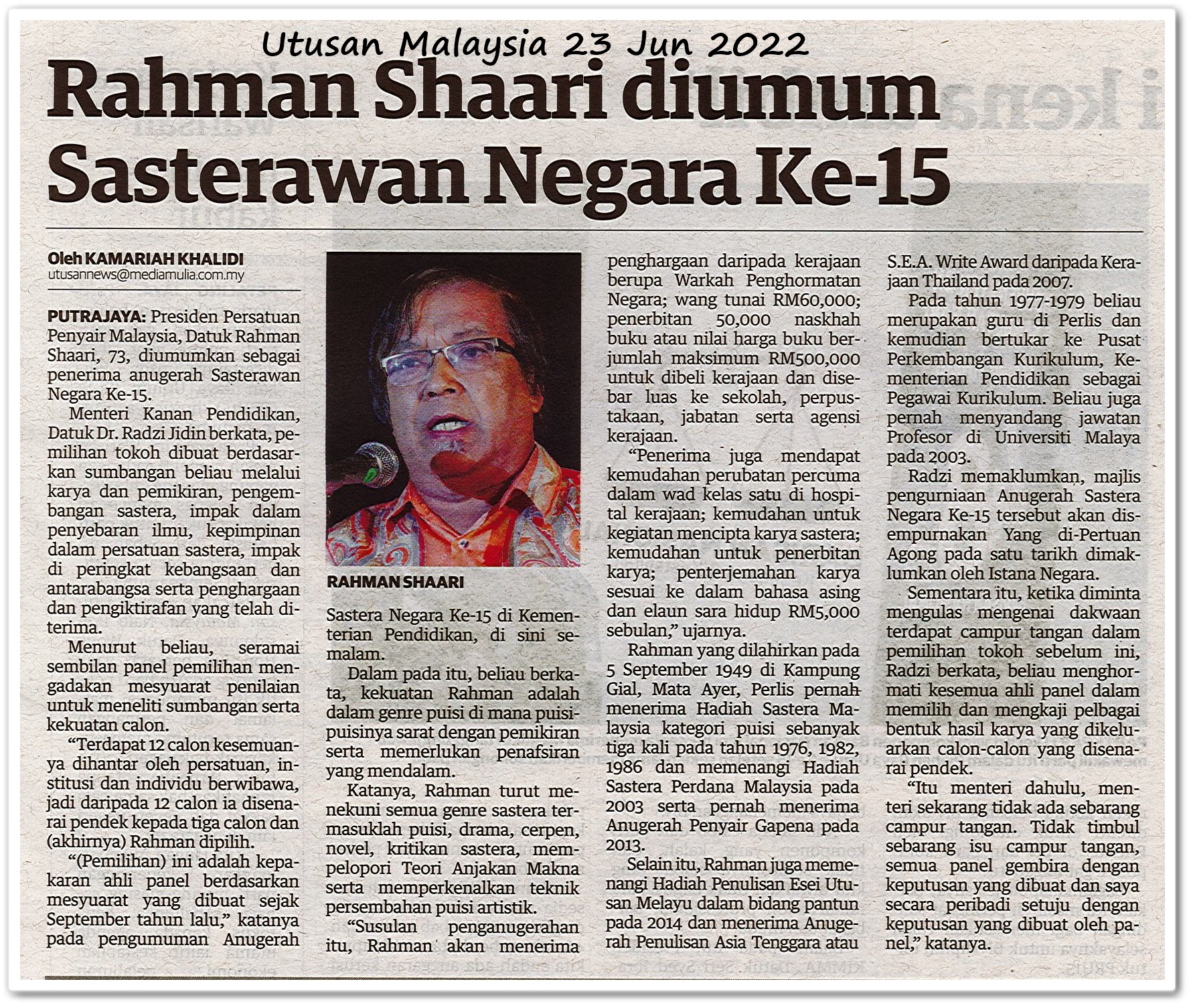 Rahman Shaari diumum Sasterawan Negara Ke-15 - Keratan akhbar Utusan Malaysia 23 Jun 2022